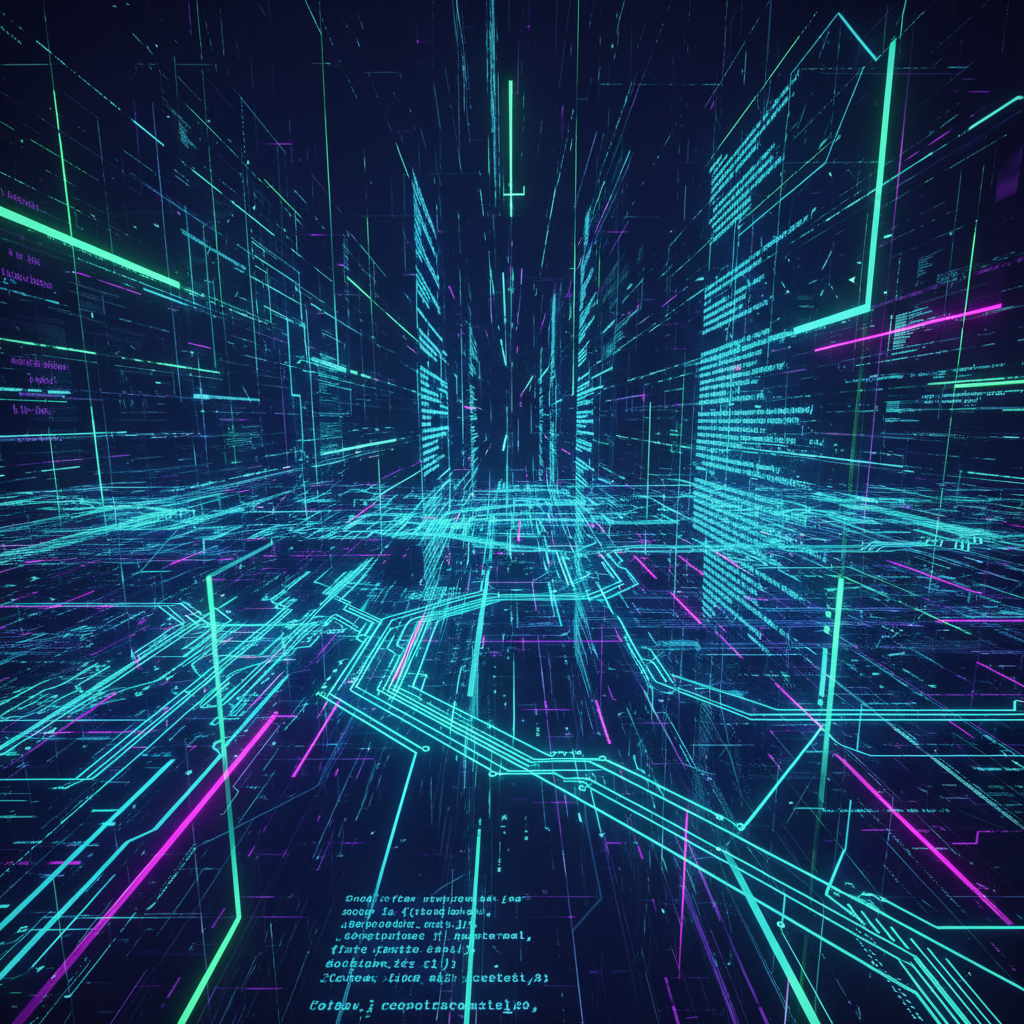 An abstract digital landscape features glowing cyan and pink lines and code scrolling on transparent vertical surfaces against a dark background.